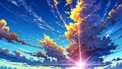 雲と太陽のイラスト風景,Generative AI AI画像