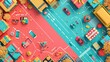 © WACHI - Aerial view of a colorful toy city with cars, roads, and vibrant buildings, showcasing a playful, whimsical urban landscape.