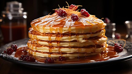Wall Mural - Close-Up of pile of pancakes with melted sweet syrup and fruit toppings with a blurred background