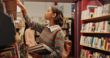 Aufkleber - Shelf, book and girl in library for return at university, college or school campus for education. Replace, learning history and student with scholarship studying knowledge, research and information