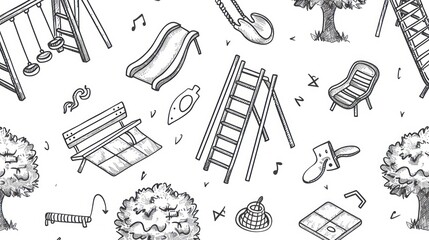 children's play area, doodle pattern design illustration, outdoor swing slide elements,