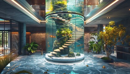 Wall Mural - A luxury home entrance with a spiral staircase surrounded by a cylindrical aquarium, giving the illusion of walking up through water