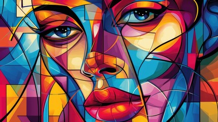 Wall Mural - Portrait of beautiful woman in modern abstract art style in colorful geometry. Elegant female or lady looking at camera in modern art style with vibrant palette technique. Feminism concept. AIG42.