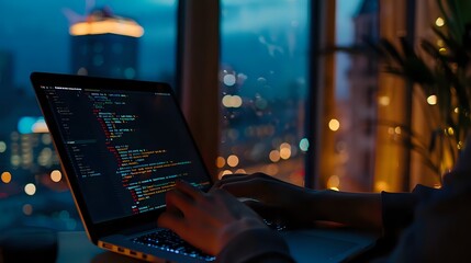 developer writing code at night with urban view