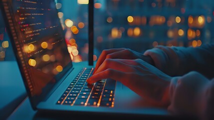 Programmer Working on Laptop with City Lights