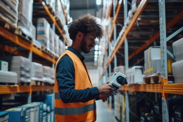 Wall Mural - Skilled warehouse worker picking order while wearing safety cloth at storage surrounded with box. Project manager or industrial worker checking and inspect product while standing at warehouse. AIG42.