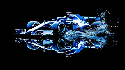 Wall Mural - a f1 car on a black background, in the style of blue print 3d hologram, light white and light blue, ghosting effect