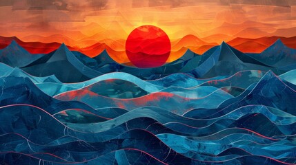 Wall Mural - Abstract art background with red sun and blue waves,