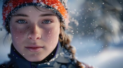 Wall Mural - The close up picture of the person looking at the camera with the white snow background in the middle of the snowy ice field, the skill require for ice field are fitness, ice safety knowledge. AIG43.