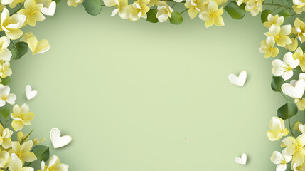 Wall Mural - Elegant floral frame with yellow flowers and green leaves on a light green background, perfect for invitations, greetings, and presentations.