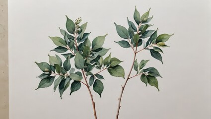 Wall Mural - Watercolor painting of green leaves on a white background