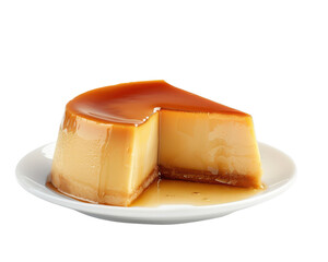 Delicious slice of creamy caramel flan dessert on a white plate, showcasing its smooth texture and rich, golden caramel topping.