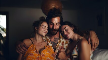 Polyamorous relationship between two women and one man, illustrating love and pride in a bisexual and lesbian inclusive threesome (Generative AI)