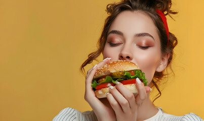 Wall Mural - World Sandwich Day beauty woman eat copy space background