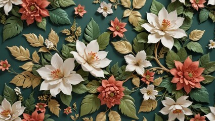 Wall Mural - Floral Tapestry - Green, White & Coral Flowers