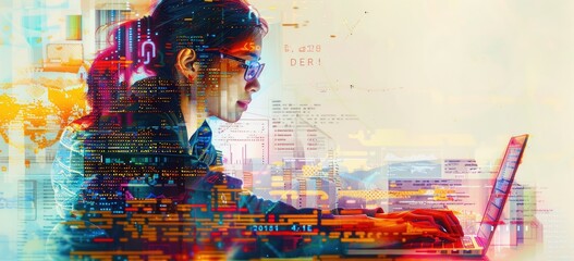 A business woman is sitting in her office and working on her laptop She is wearing a suit and glasses She has long brown hair and is smiling The background is a colorful blur of the city. AIGZ01