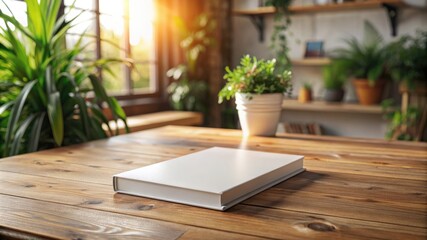 A white book peacefully sits atop a wooden table, exuding an ethereal presence. Mockup for design.