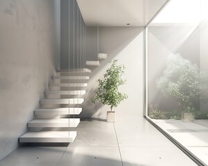 A minimalist luxury home entrance with a floating staircase that uses thin steel cables for support, giving a clean, open look