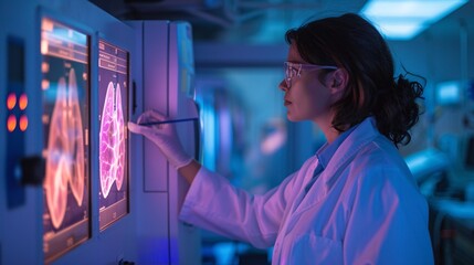 A woman respiratory specialist using light to examine lungs in a hospital lab.