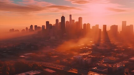Wall Mural - Panoramic view of the city at sunset in the fog.