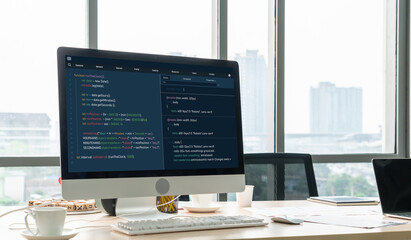 Software development programming on computer screen for modish application and program coding