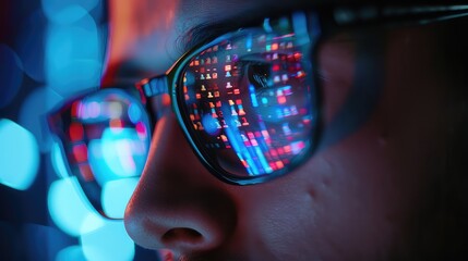 Data reflecting on eyeglasses on man's face. Computrer programmer big data and ux designer concept