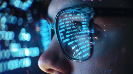 Data reflecting on eyeglasses on man's face. Computrer programmer big data and ux designer concept
