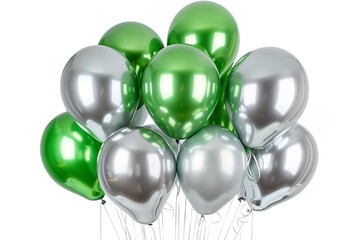 Balloons in the colors green and silver isolated on a white backdrop. Generative Ai