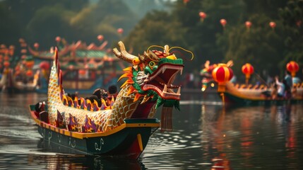 Energetic Dragon Boat Festival celebration with vibrant atmosphere. Lively festival scene showcasing teamwork and dedication.