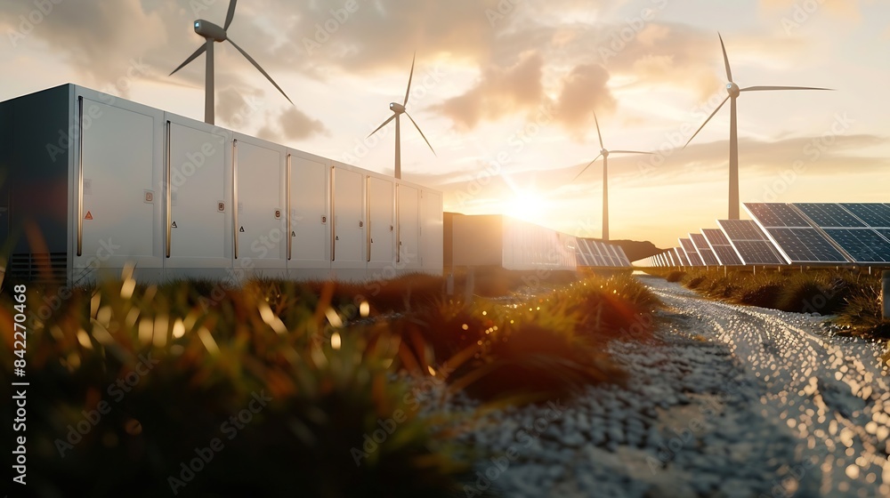 modern battery energy storage system with wind turbines and solar panel ...