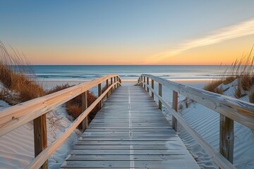 A lengthy boardwalk that leads to a white sand beach. Generative Ai