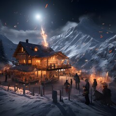 Wall Mural - Mountain chalet in the mountains at night. 3d rendering