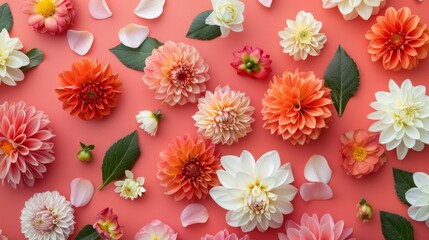 Wall Mural - coral background with various colorful dahlia flowers and green leaves in a top view. flat lay compo