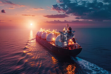 LNG tanker ship at sea, evening sunset, gas containers, industrial transport.