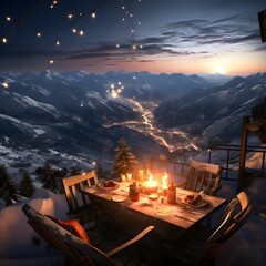 Wall Mural - 3d illustration of christmas dinner in the mountains. 3d rendering