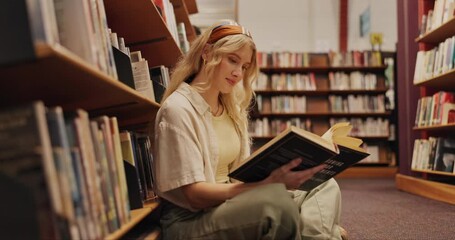 Poster - Student, woman and reading on floor in library for literature research or studying for knowledge. Gen z girl, novel and search for academic information in book for scholarship, education and learning