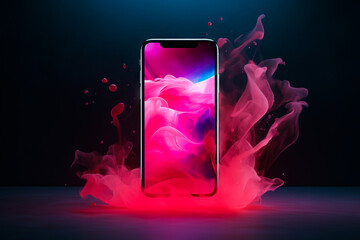 Wall Mural - Phone with pink and red liquid on it's screen.