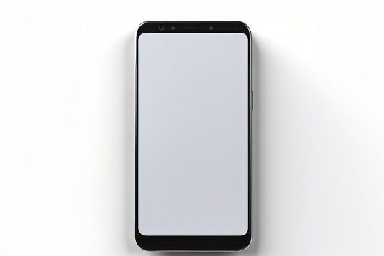 Black cell phone with white screen on white surface.