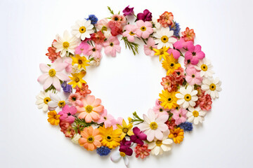 Wall Mural - Wreath of flowers arranged in circle on white background.