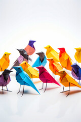 Wall Mural - Group of colorful birds standing next to each other on white surface.