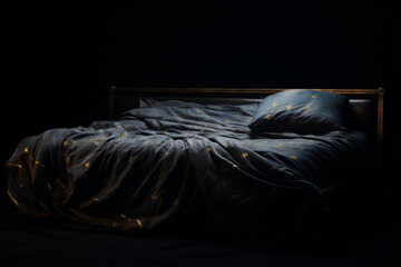 Bed with blue comforter and black background with gold stars.