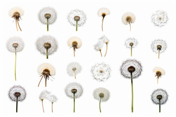 Wall Mural - Bunch of dandelions are shown in row on white background.