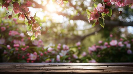 Wall Mural - Spring background with a wooden table and a blurred green spring garden with a blossoming apple tree in the sunlight. Spring template for product display, 