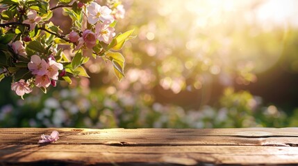 Wall Mural - Spring background with a wooden table and a blurred green spring garden with a blossoming apple tree in the sunlight. Spring template for product display, 