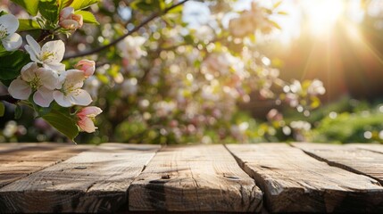 Wall Mural - Spring background with a wooden table and a blurred green spring garden with a blossoming apple tree in the sunlight. Spring template for product display, 