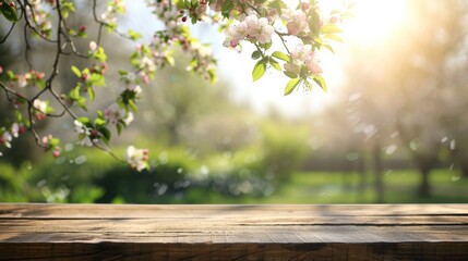 Wall Mural - Spring background with a wooden table and a blurred green spring garden with a blossoming apple tree in the sunlight. Spring template for product display, 