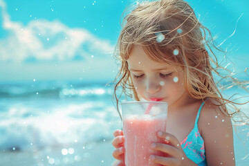 Wall Mural - Generative AI Image of Beautiful Little Girl Drinking Strawberry Milk on the Beach in Summer