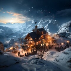Wall Mural - 3d rendering of a beautiful chalet in the mountains at night