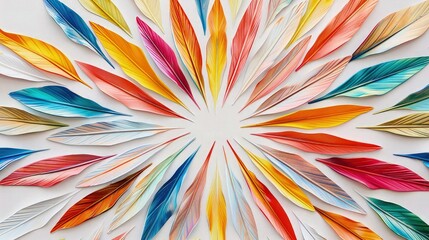 Wall Mural - A radiant sunburst pattern made from narrow, brightly colored tropical leaves radiating out from a central point on a white canvas.