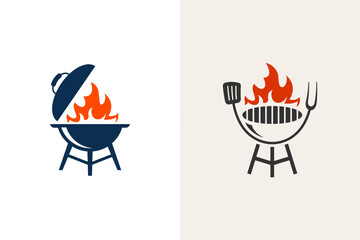 Barbecue restaurant logo design with pan, fork, spatula graphic idea for food party bbq logo elements. vector illustration